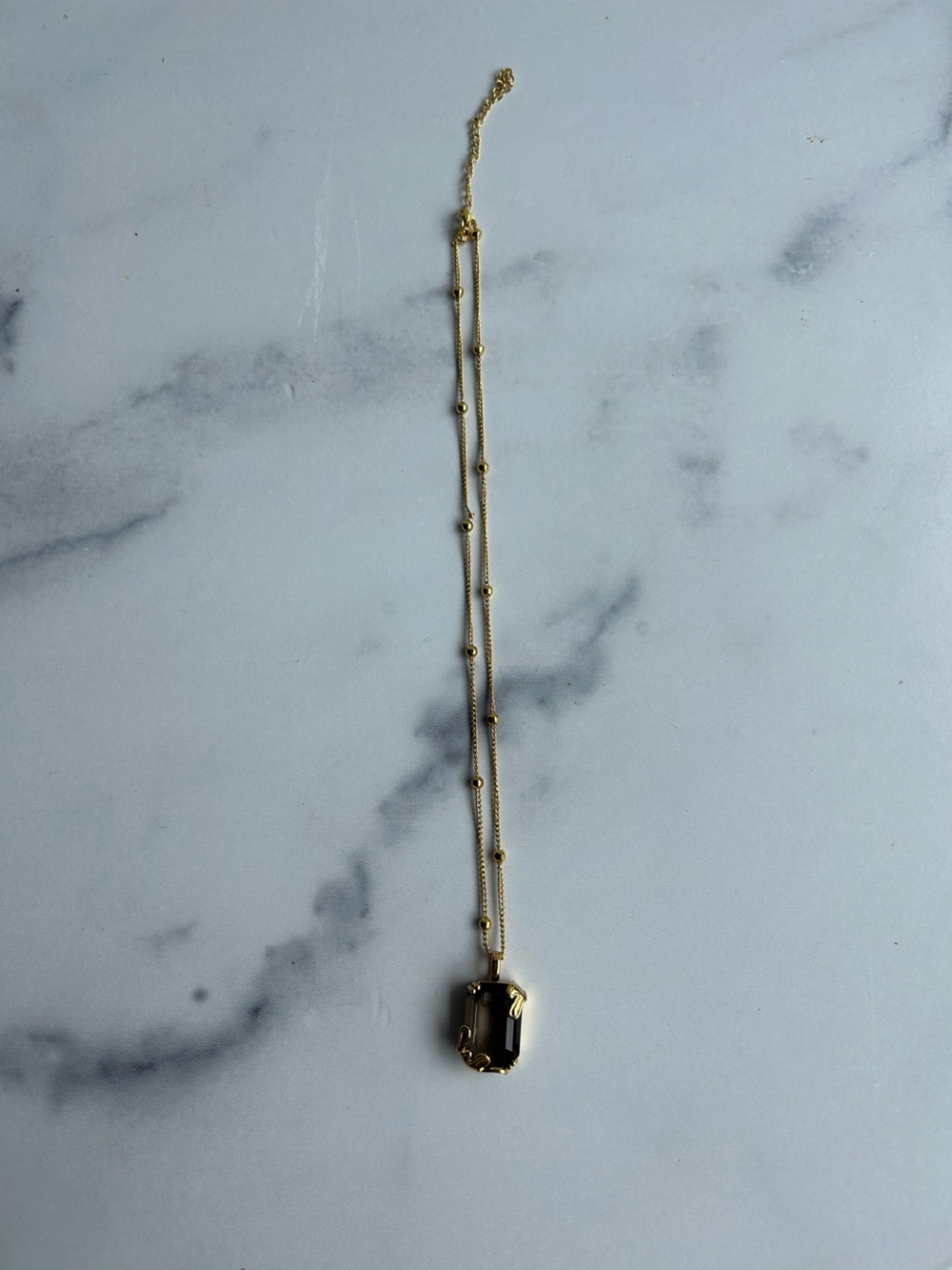 Delicate Gold Double-Row Beaded with Black Pendant Necklace